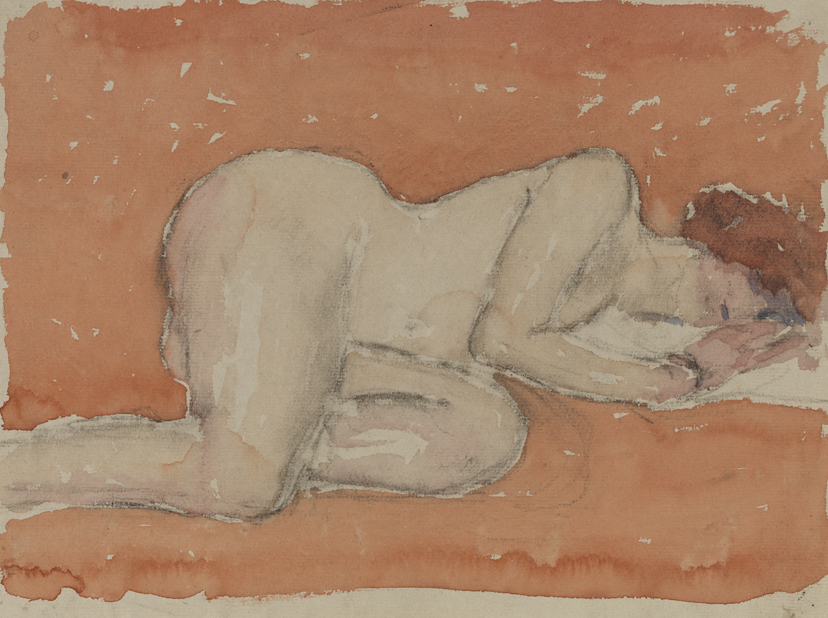 [Reclining female nude with hands clasped]