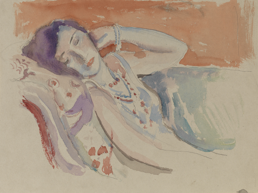 [Reclining woman with purple hair]