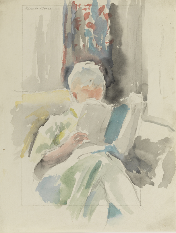 [Seated figure reading]