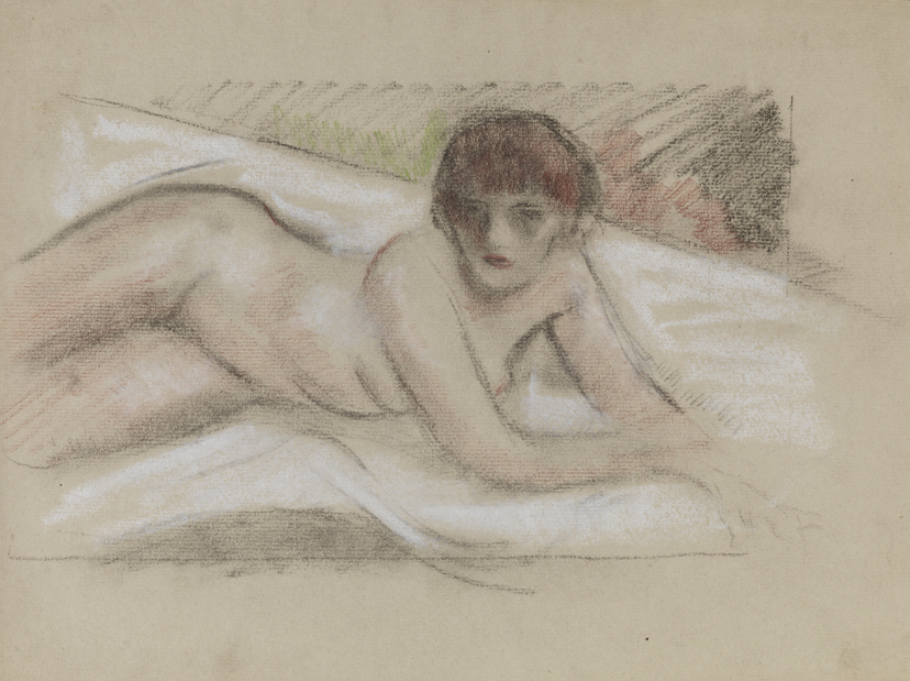 [Reclining female nude on white ground]