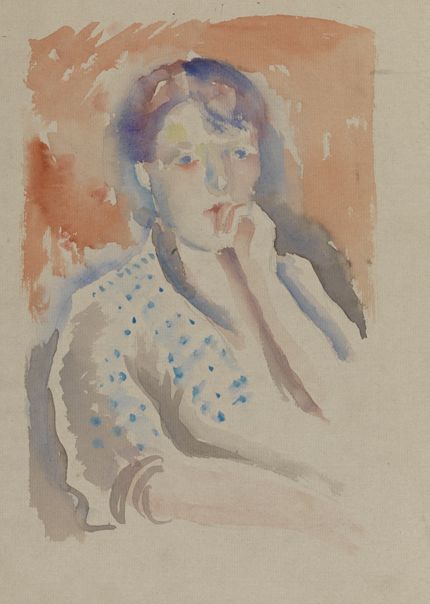 [Woman with left hand at mouth]