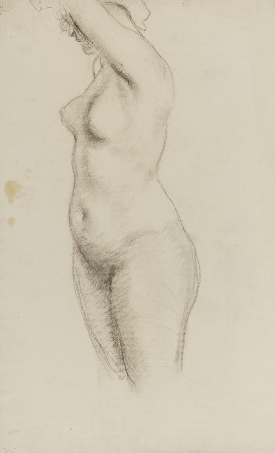 [Standing female nude with left arm raised]