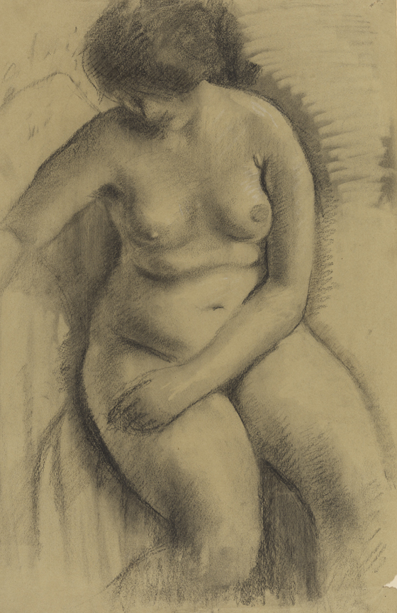 [Seated female nude looking down]