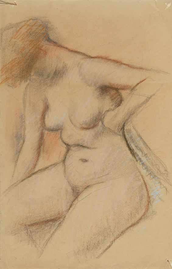 [Seated female nude with left hand on wrist]
