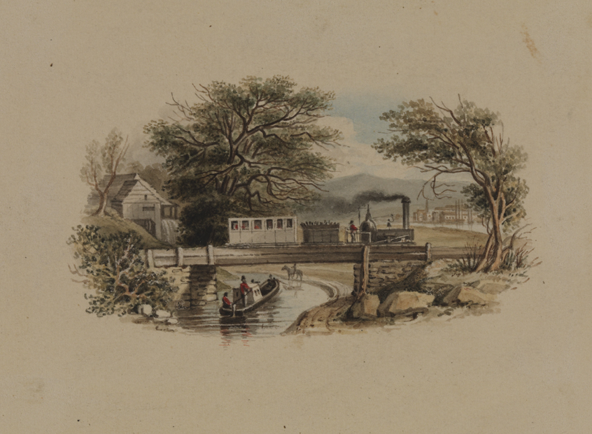 [Landscape with locomotive and barge]