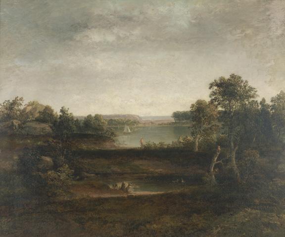 Landscape with Three Lakes and a Sailboat