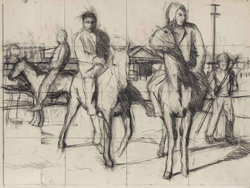 [Three figures on horseback]
