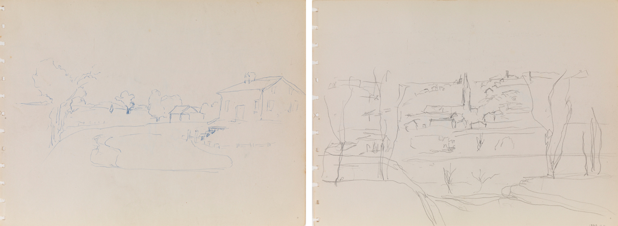 [House on right, tree on left], recto [Sketch of church between trees], verso