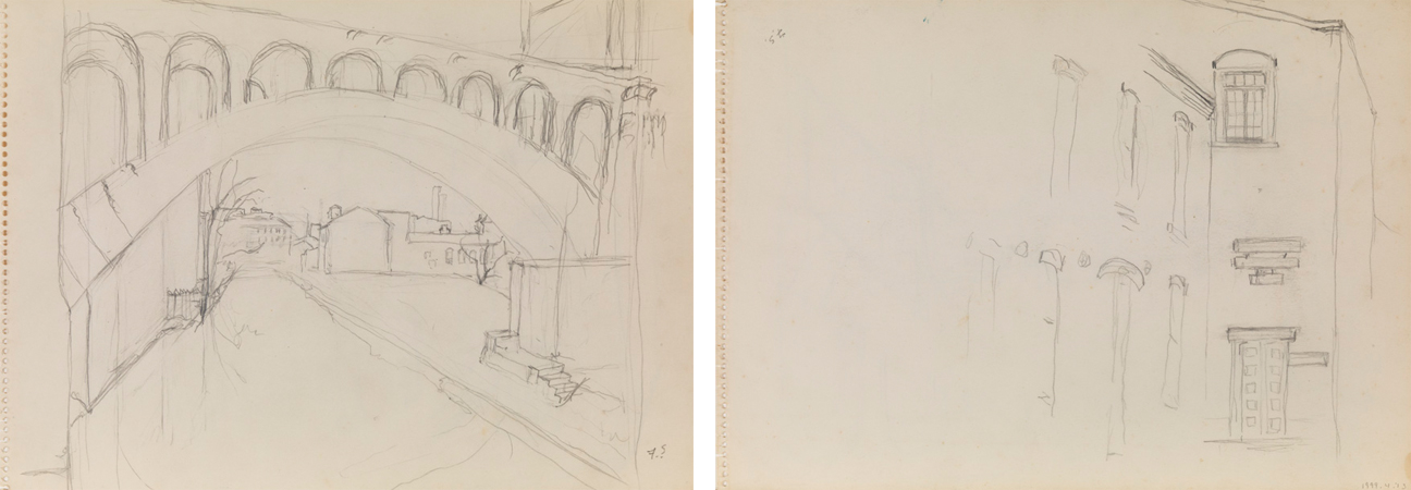 [Bridge and town in distance], recto; [Rough sketch of building], verso