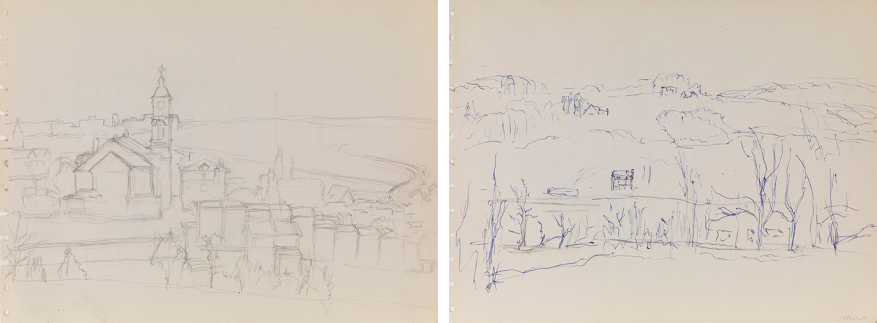 [Sketch of church and town], recto; [Rough sketch, house in middle], verso
