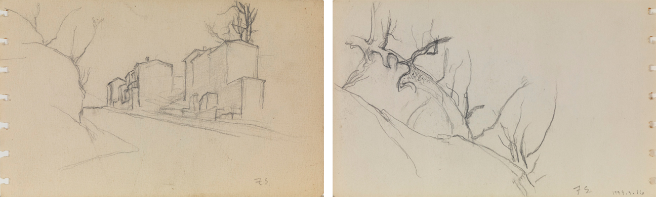[Sketch of street], recto; [Rough sketch of tree branch?], verso