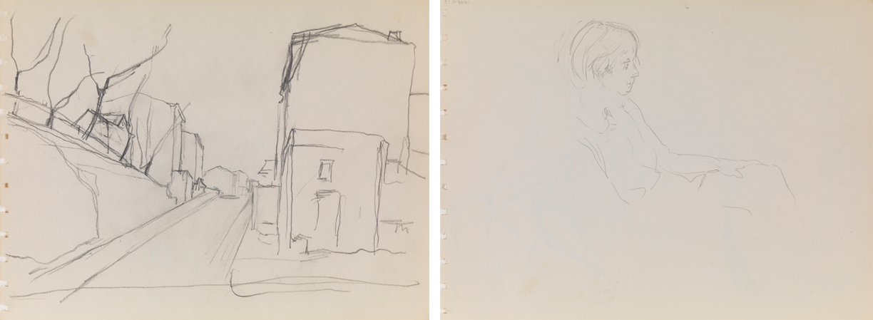 [Sketch of street with building in right], recto; [Sketch of human figure], verso