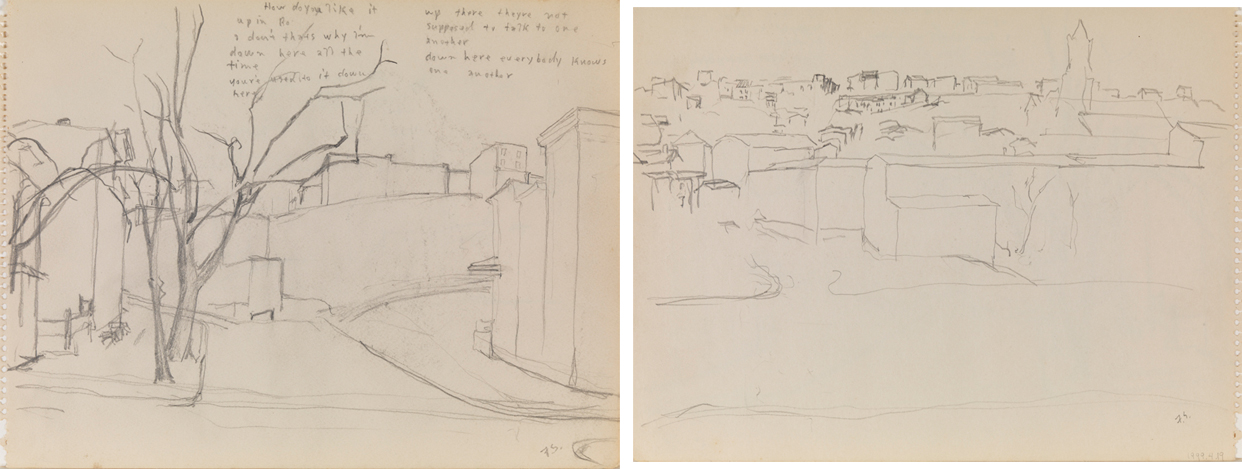 [Rough sketch of street], recto; [Rough sketch of city landscape] verso