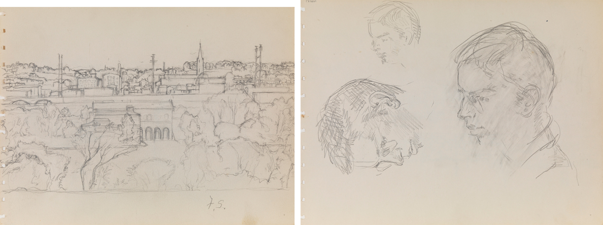 [Cityscape overlook with church steeple], recto; [Three studies of male heads], verso