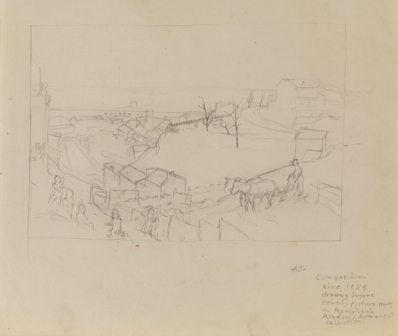 [Farm and townscape with horse and plow]