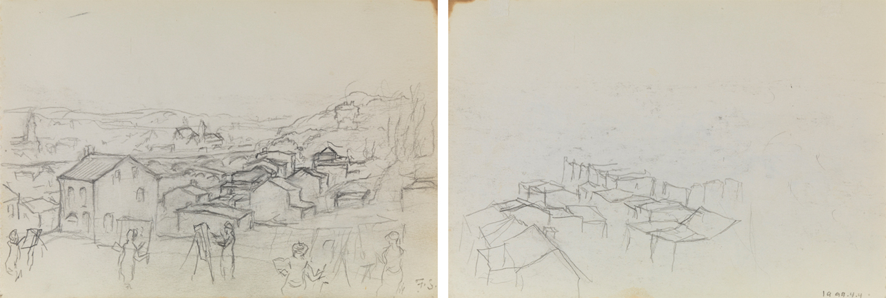 [Art comes to Manayunk], recto; [Small sketch of rooftops], verso