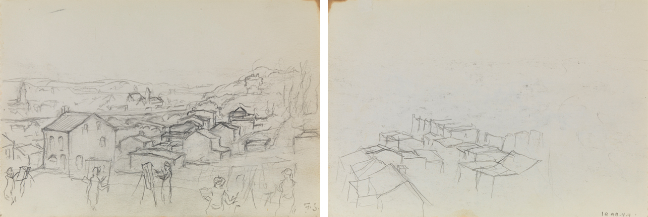 [Art comes to Manayunk], recto; [Small sketch of rooftops], verso
