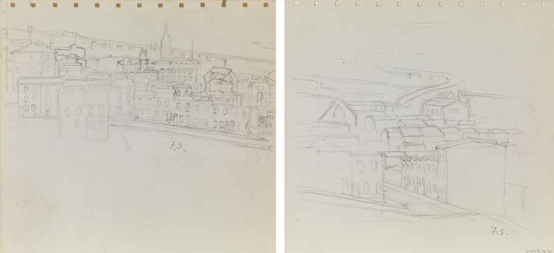 [Sketch of a town with street bridge in background], recto; [Sketch of town with curvy bridge], verso
