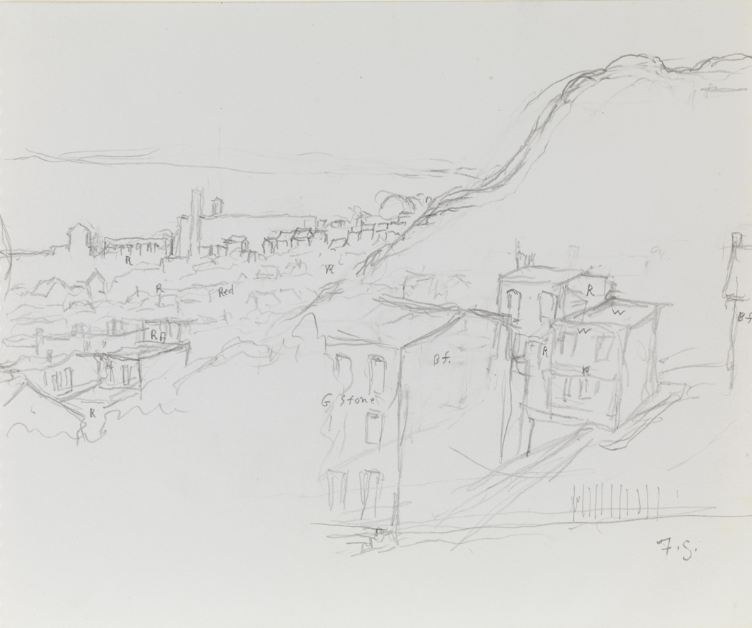 [Sketch of town, hill on right side], recto; [Study for across the river], verso