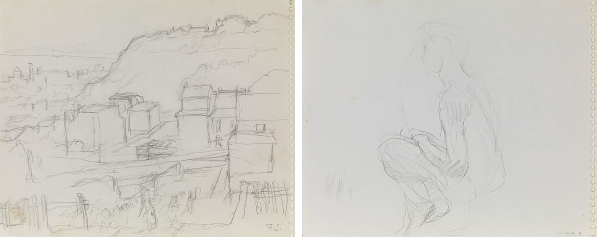 [Sketch of town], recto; [Sketch of kneeling human figure], verso