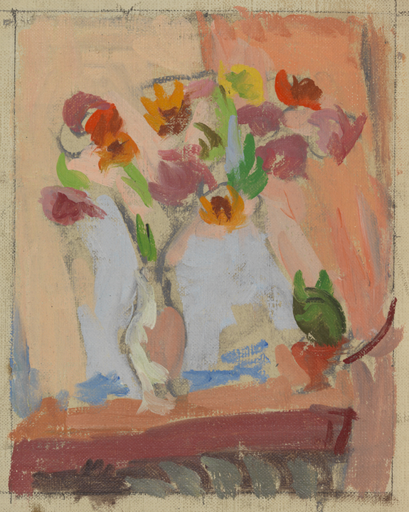 Vase of Flowers Near Pink Curtain #1
