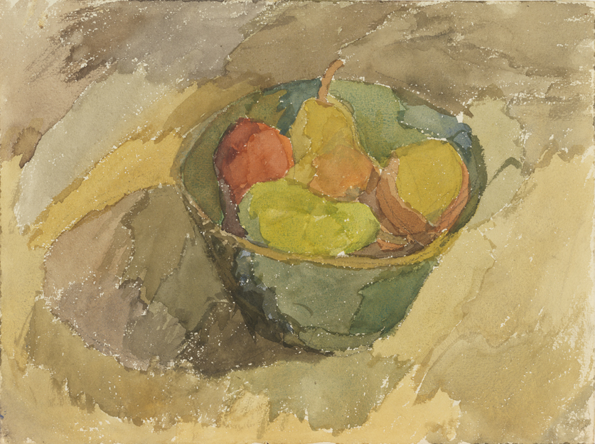 Green Glass Bowl with Fruit