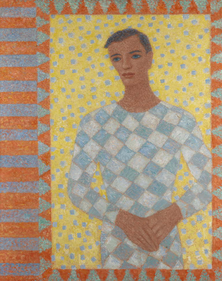 Young Man at Open Window (in blue and white diamond-patterned costume)