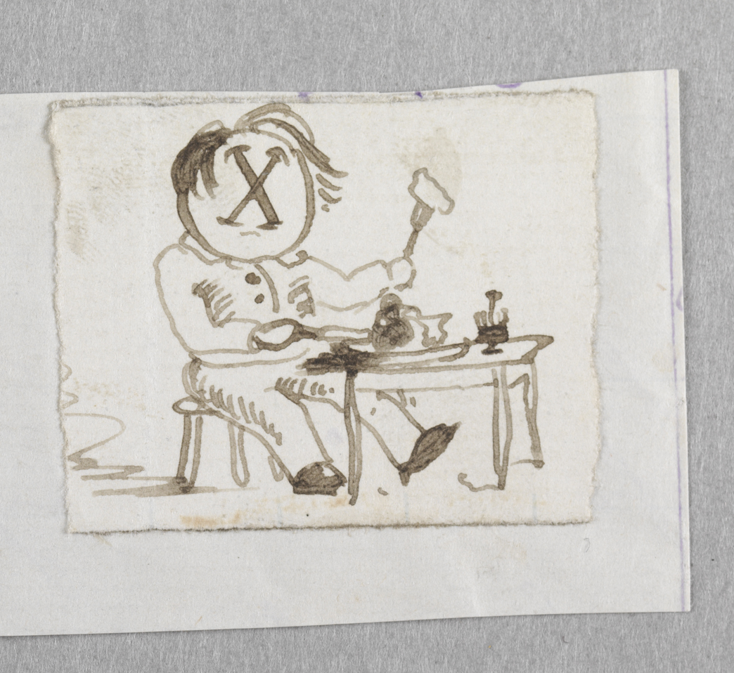 [Man "X" sitting at a table eating]