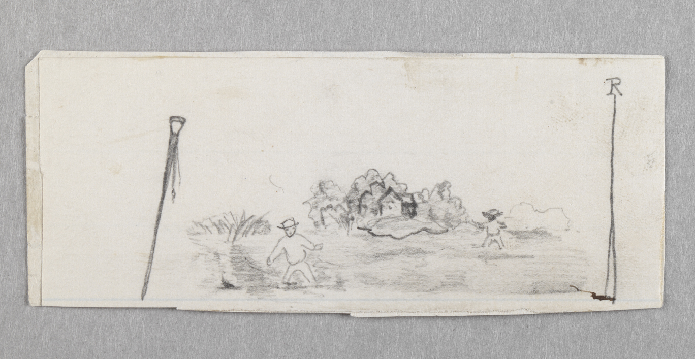 [Landscape with two men and two poles]