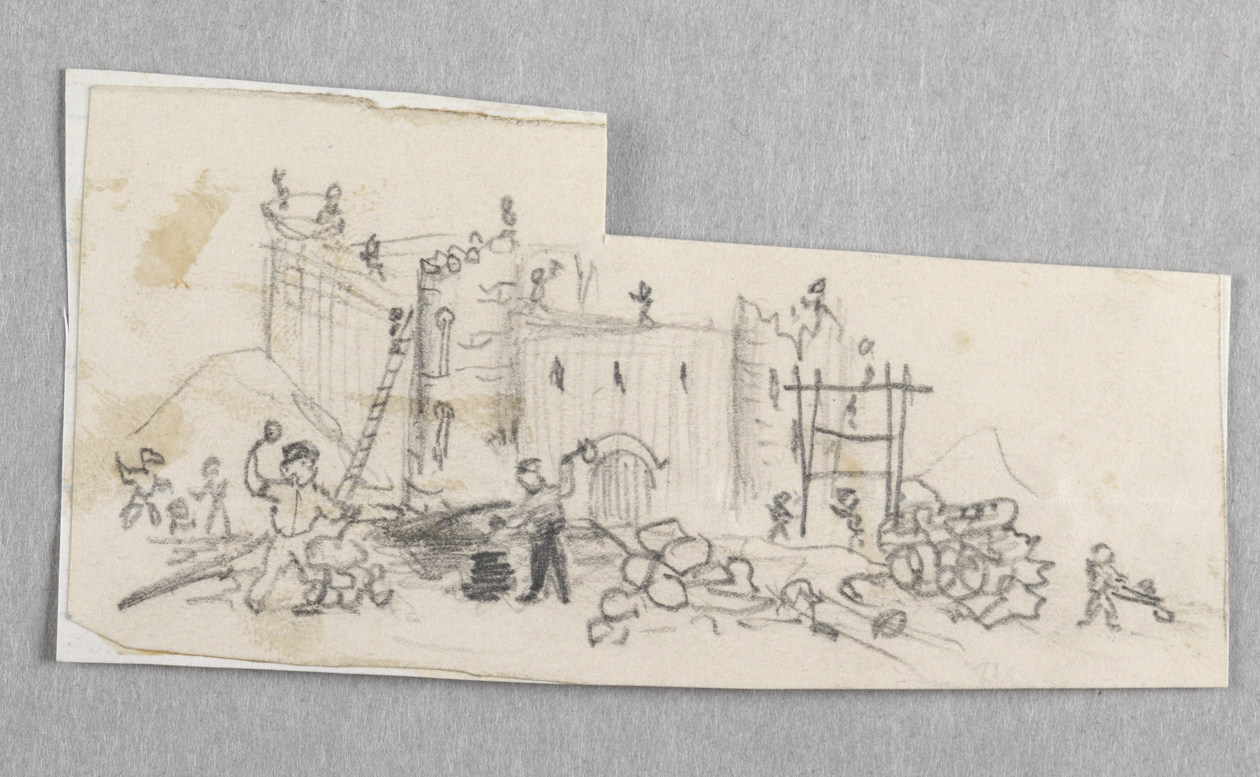 [Men building castle]