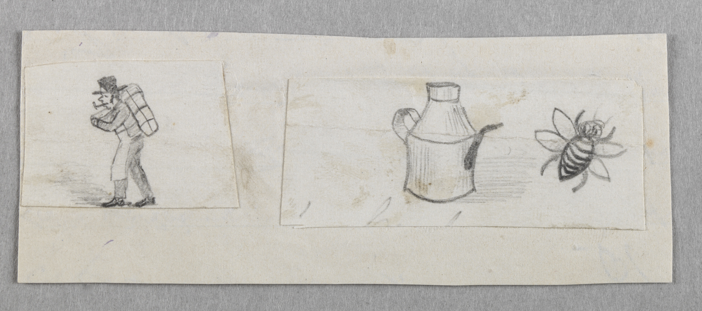 [Man with backpack, jug, bee]