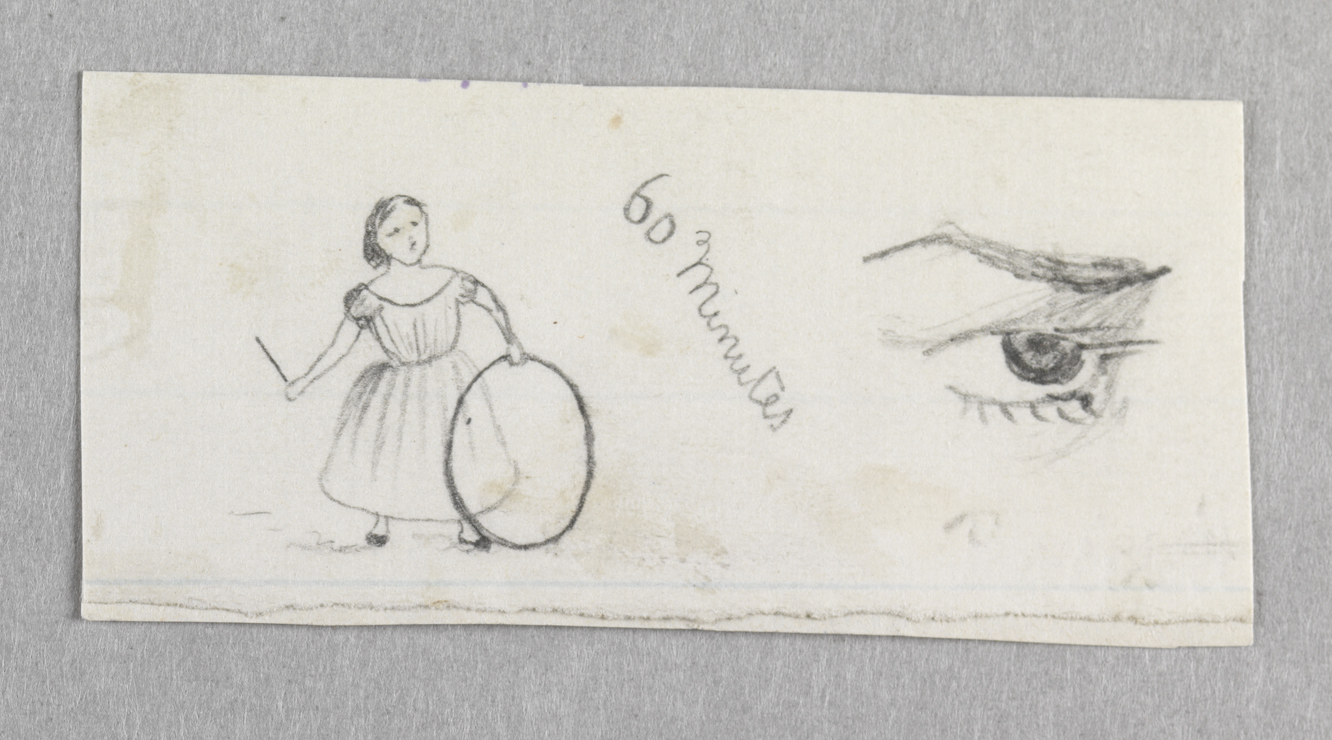 [Girl with hoop, "60 minutes", eye]