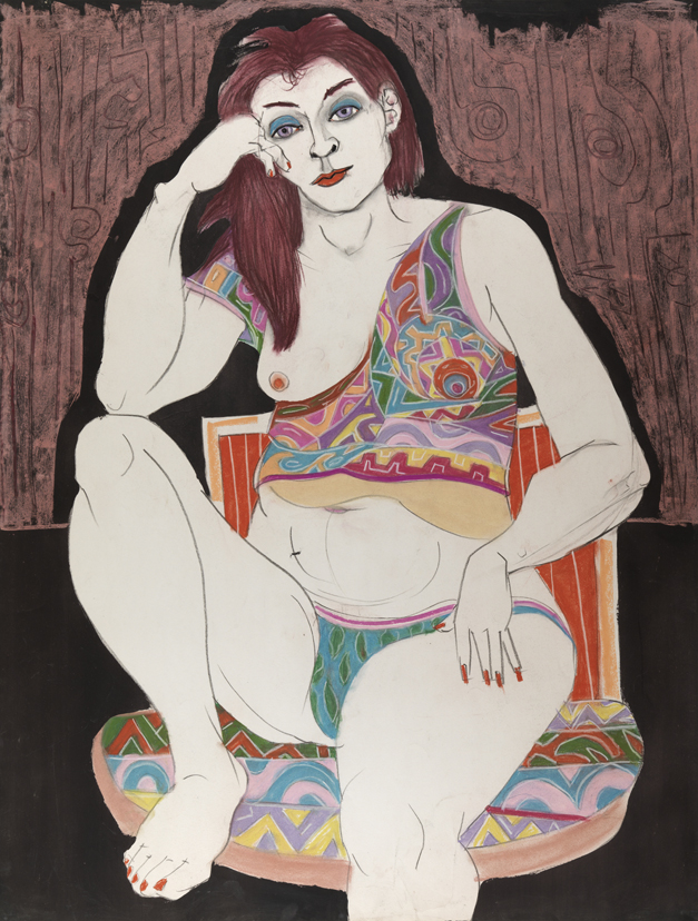 [Seated woman with one bare breast]