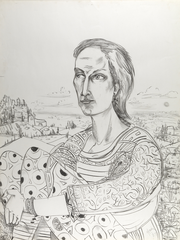 [Woman in landscape holding knees]