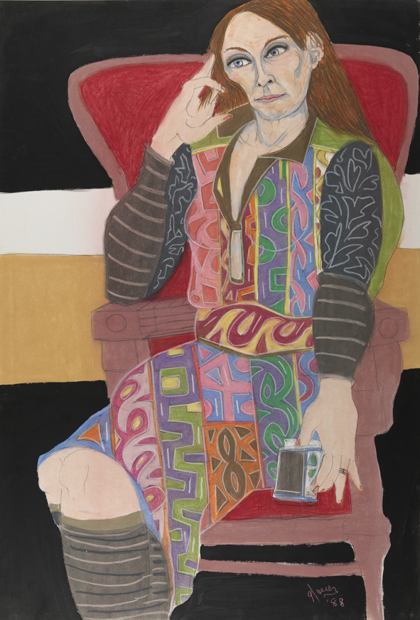 [Seated woman in multi-colored dress on red chair]