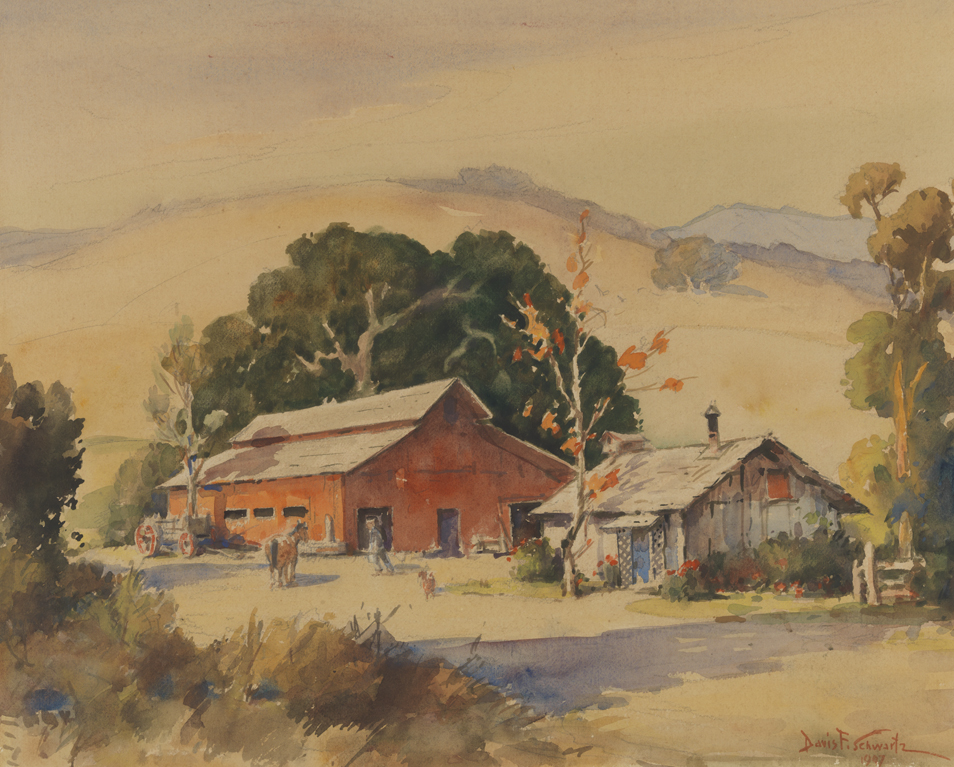 Untitled [Red barn with man and horse]