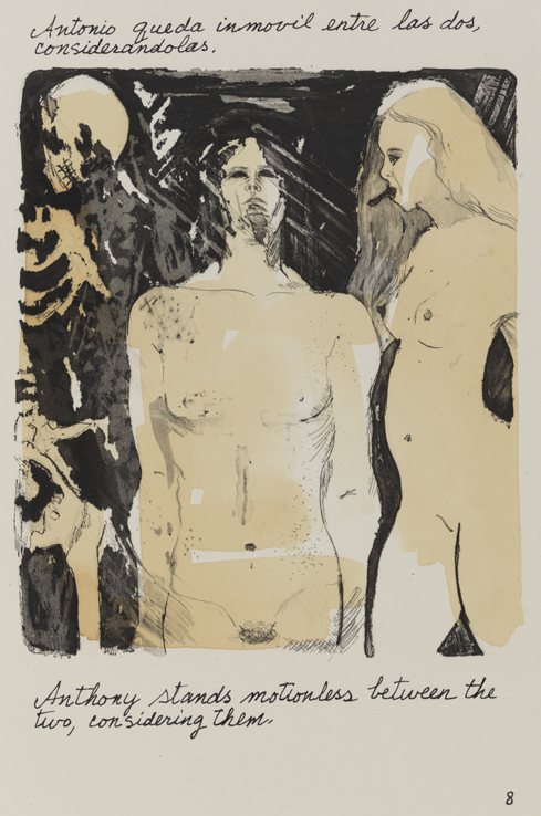 Anthony stands motionless between the two