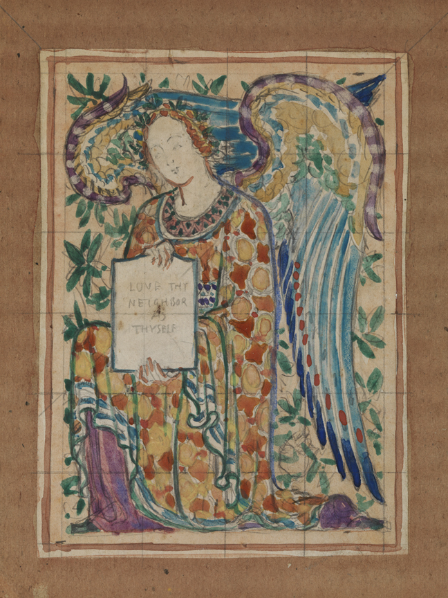 [Holiday greeting card with figure of an angel holding a tablet]