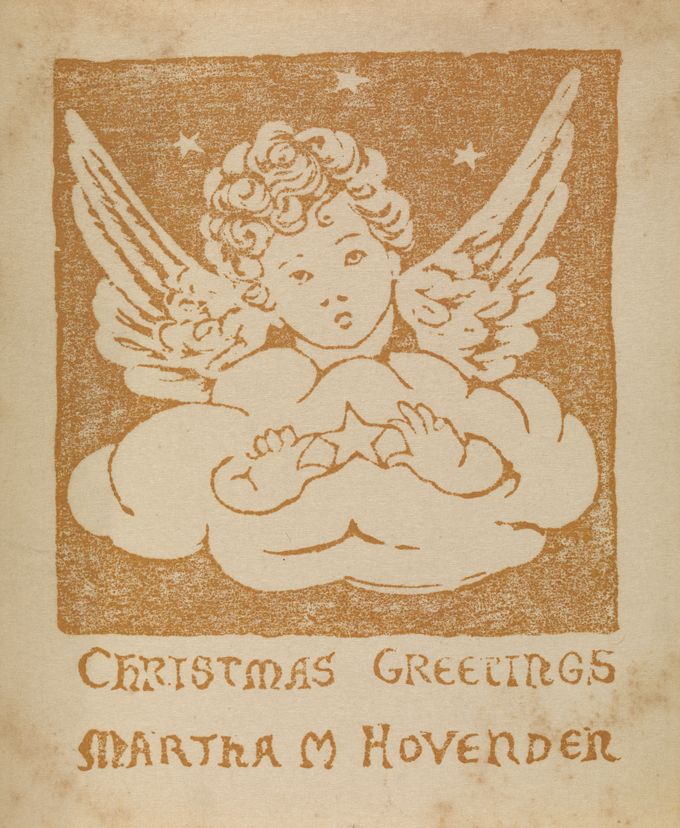 [Christmas card, an angel on a cloud]