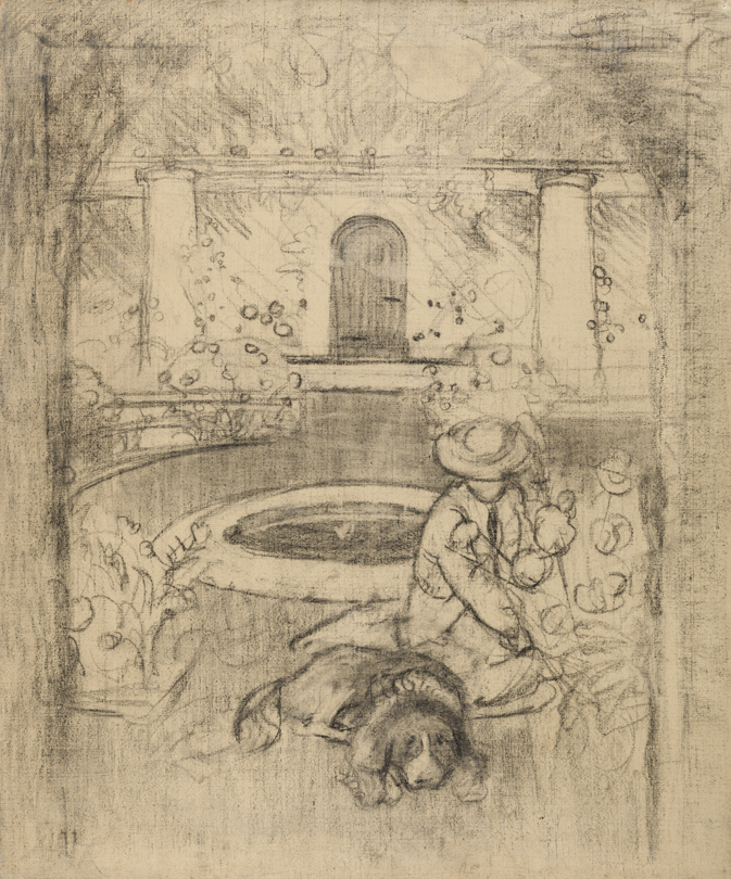 Henrietta Cozzens and Dog Prince in the Garden at Cogslea