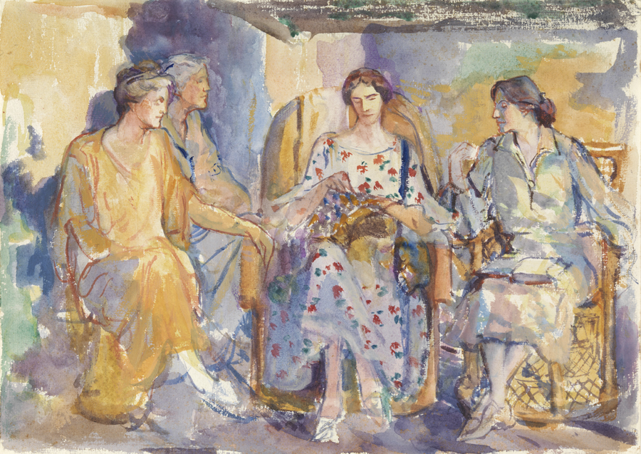 [Four women in wicker armchairs] (Henrietta Cozens, Jessie Wilcox Smith, Mary Nixon, Edith Emerson)
