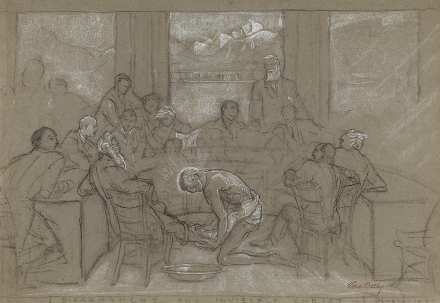 [Group of men at a table with figure of Christ washing a man's feet in foreground]