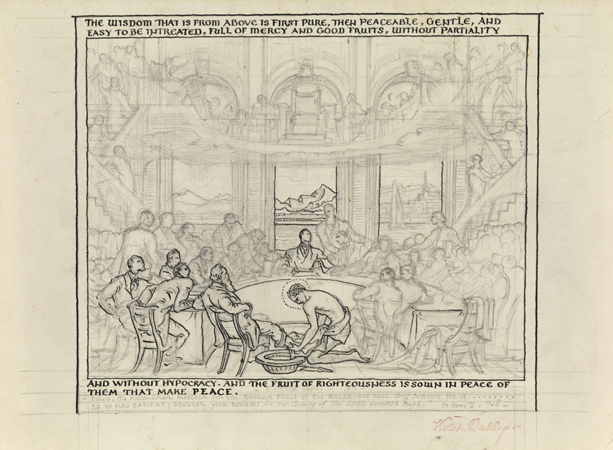 [Conference room with men at a table, scene possibly of heaven at top, and in foreground, figure of Christ washing a man's feet]
