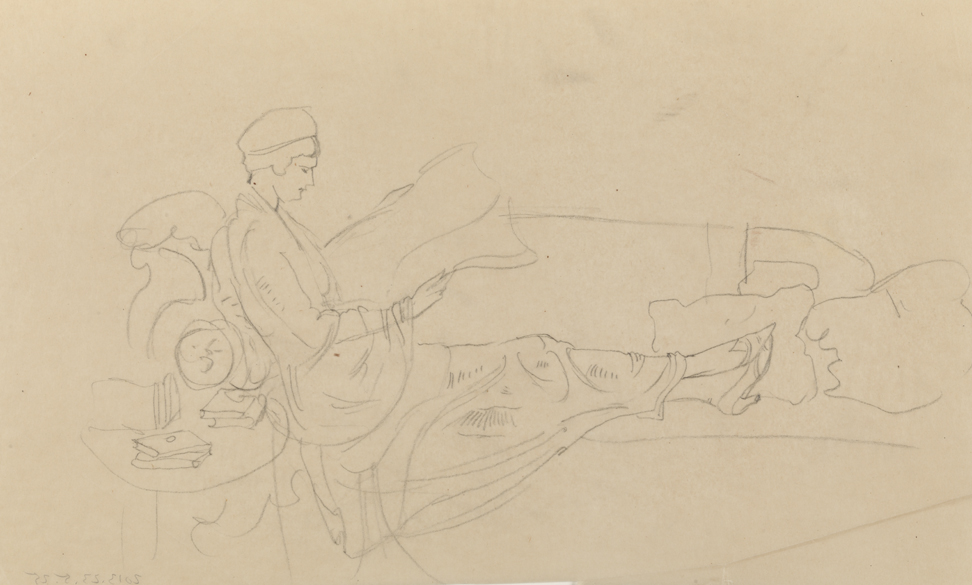 Christian Science Monitor, study for woman reclining on rock, reading