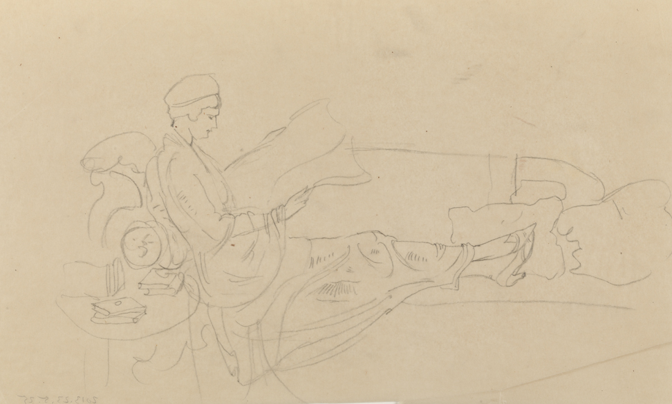 Christian Science Monitor, study for woman reclining on rock, reading
