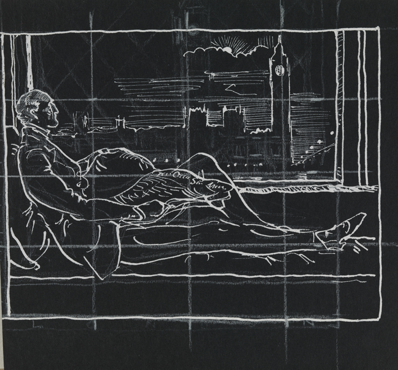 Christian Science Monitor, study of man reclining, looking out window onto House of Parliament