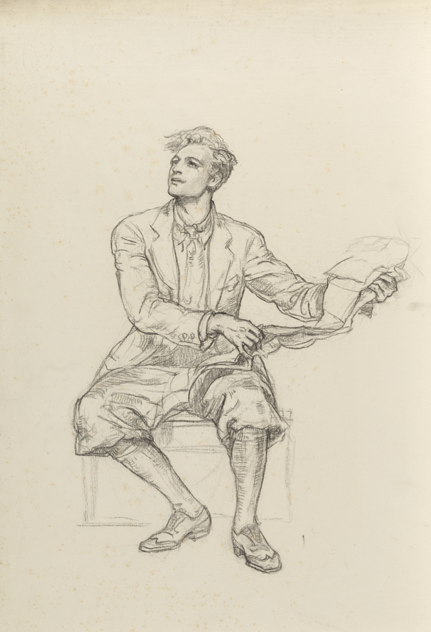 Christian Science Monitor, study of seated man in illustration of "World at the Crossroads," by Henry A. Wallace