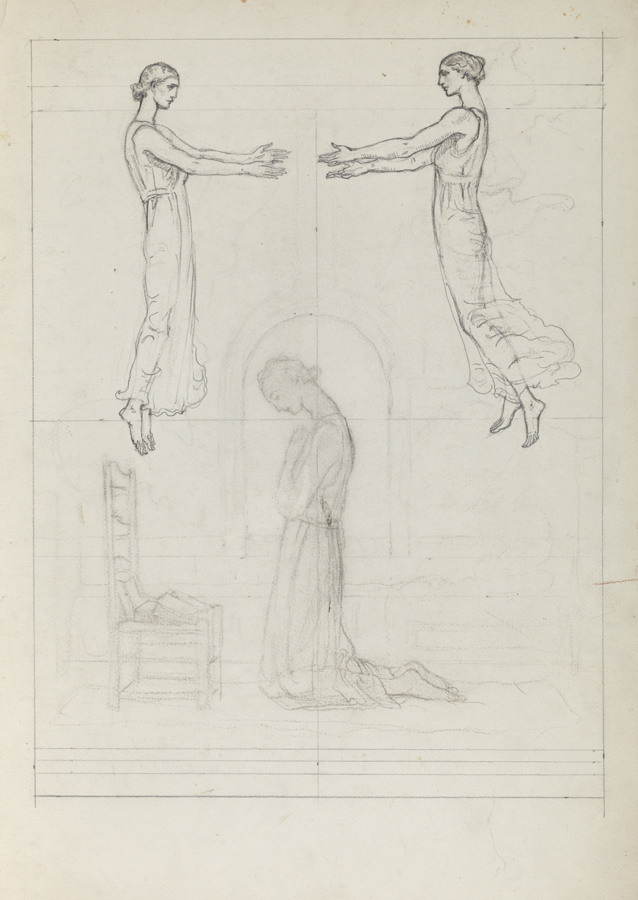 Christian Science Monitor, study of kneeling woman and 2 floating angels above