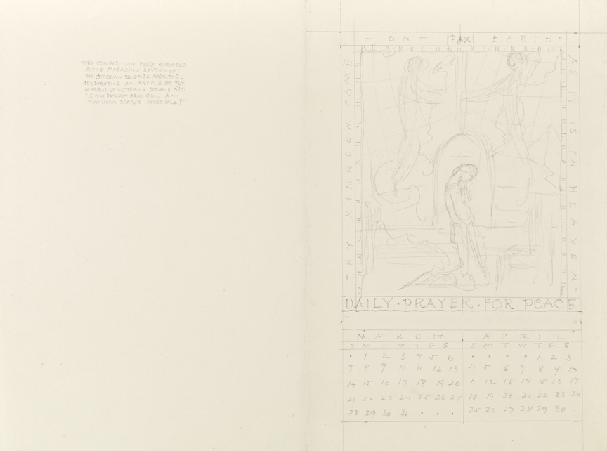 Christian Science Monitor, cover illustration of  "Is War..." as part of a calendar, rough sketch
