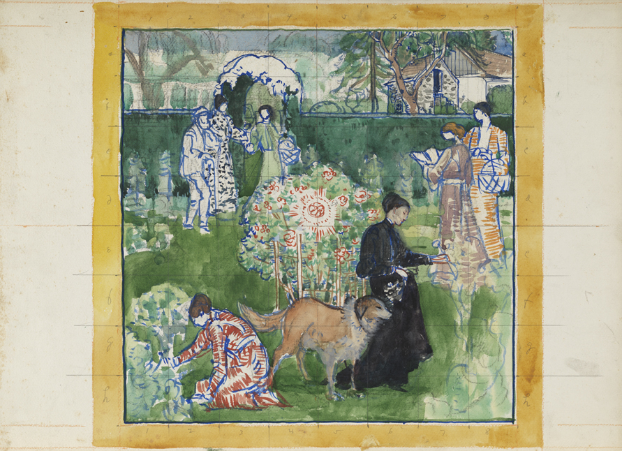 [Group of people and a dog in the garden at Cogslea]